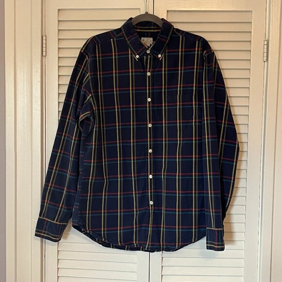 J. Crew Factory men's holiday buttondown shirt navy plaid large cotton - Picture 1 of 9